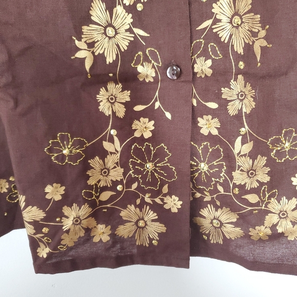 Womens Linen Cotton Top Shirt Size 2X Brown Floral Boho Chic Lagenlook Fall - Picture 4 of 9